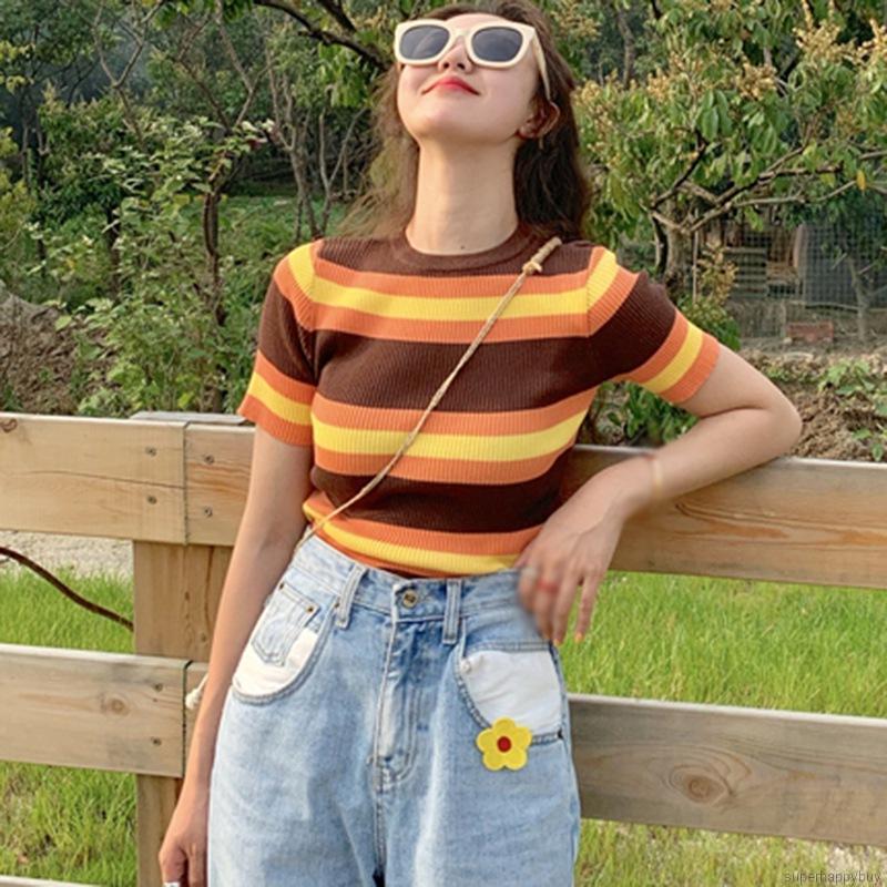 Áo Thun Ngắn Tay Sọc Ngang Xinh Xắn Cho Nữ