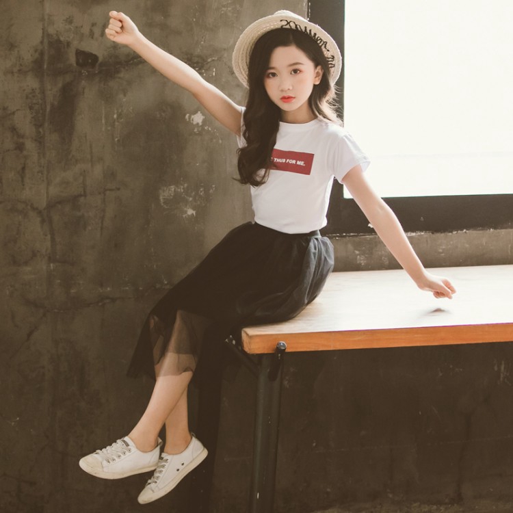 Short sleeve t-shirt set + Korean style mesh skirt, lovely fashion for girls