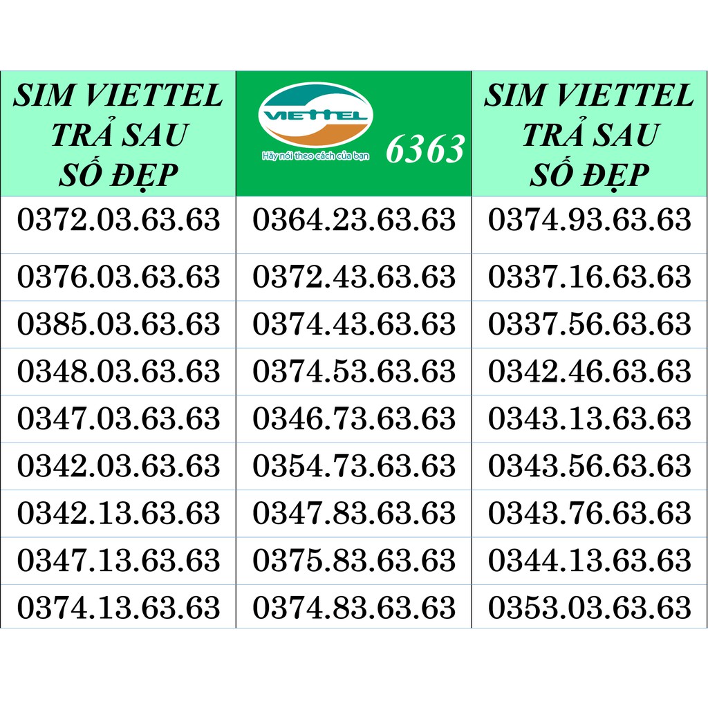 👉TRẢ SAU VIETTEL SỐ ĐẸP ĐẦU 03 VIP 35353, 36363, 37373