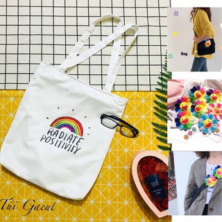 [TẶNG HOA CÀI] Túi vải Tote Cầu vồng Ulzzang Hàn Quốc tặng kèm hoa mặt cười hot trend