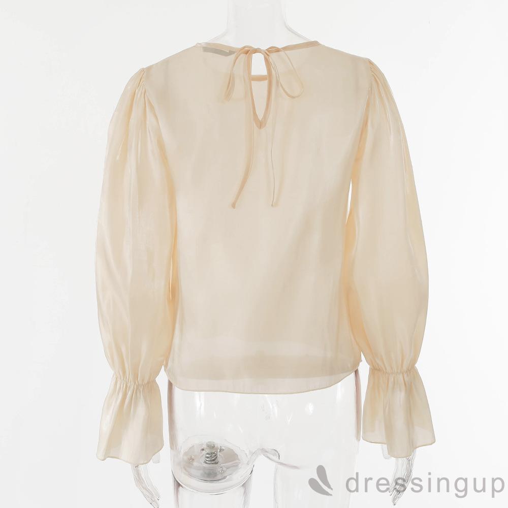 Áo Tay Phồng Cổ Tròn Màu Trơn Thời Trang Mùa Thu Cho Nữ