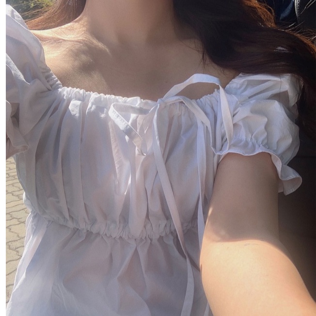 Áo Kiểu Tay Ngắn Cổ Vuông Thắt Nơ Phong Cách Hàn Quốc Dễ Thương 52801