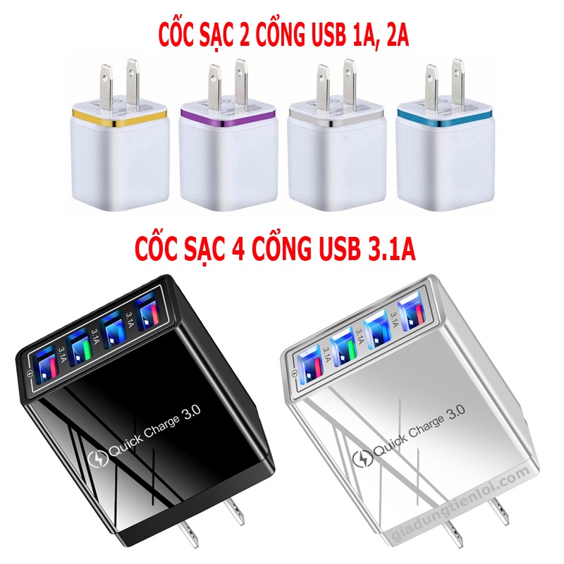 Cốc Sạc 2 cổng 4 cổng USB 5V 1A, 2A, 3.1A sạc đồng thời 2 đến 4 thiết bị