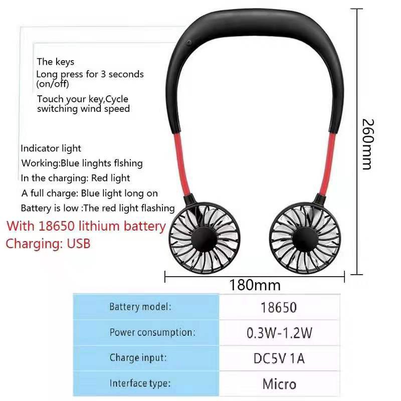 Quạt đôi mini đeo cổ rảnh tay có thể sạc lại qua cổng USB tiện dụng