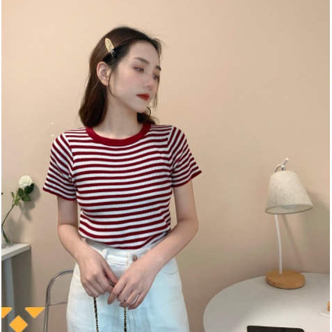 Áo thun nữ cổ tròn ngắn tay họa tiết kẻ sọc 8 màu thời trang 2022