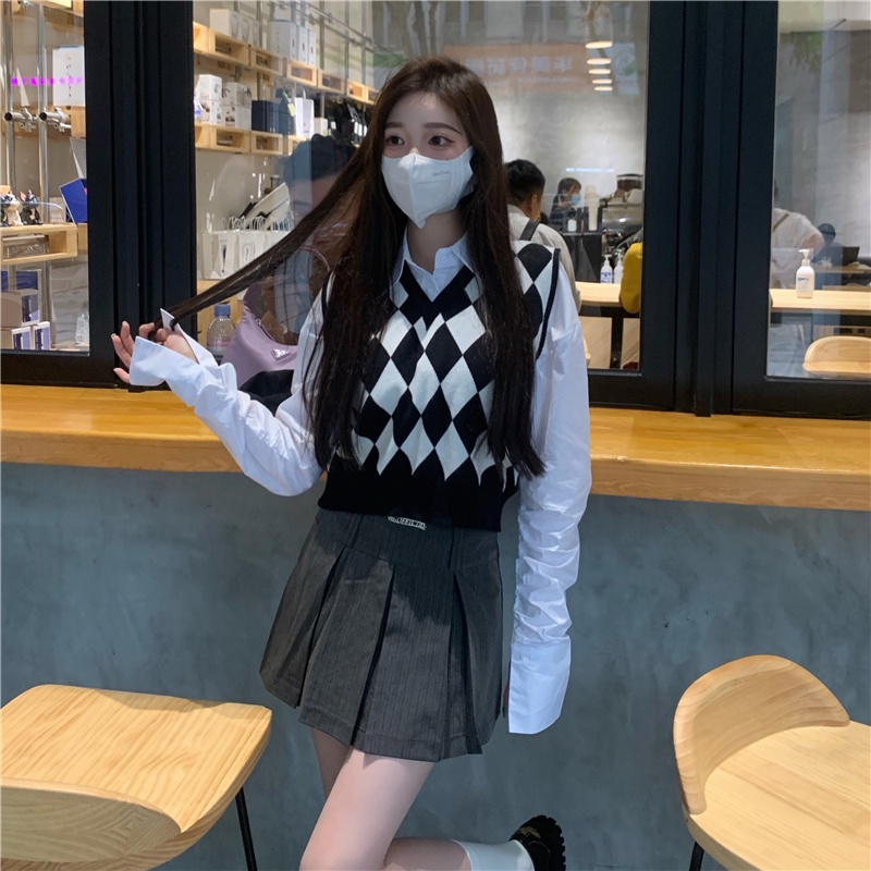 V-neck check vest female Korean version was thin short sleeveless versatile pullover vest | BigBuy360 - bigbuy360.vn