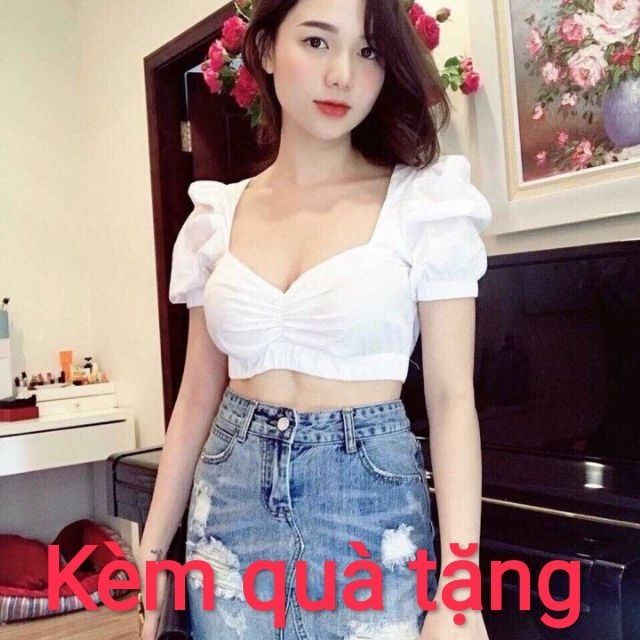 Áo croptop nhún ngực tay phồng (có hình thật)