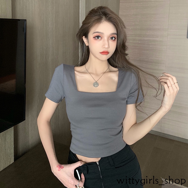Wittygirls_ Shop | Áo Thun Lửng Ngắn Tay Cổ Vuông Lưng Cao Thời Trang Nữ