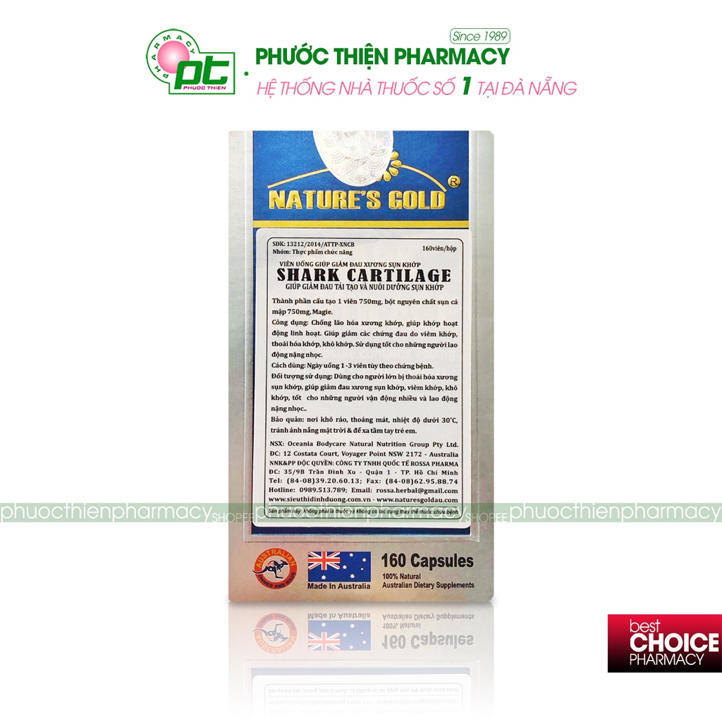 Viên uống Sụn vi cá mập Úc SHARK CARTILAGE 750mg Nature's Gold lọ 160 viên bổ khớp
