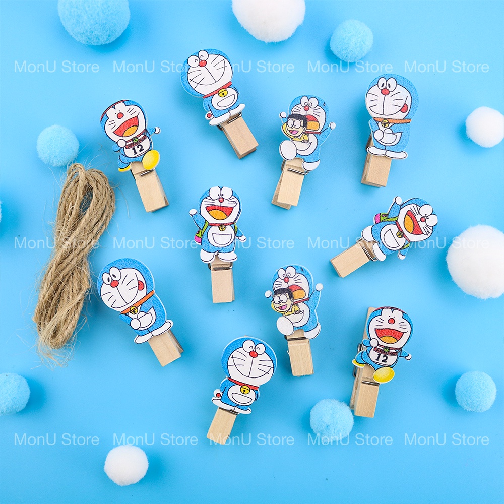 Kẹp gỗ kẹp ảnh SET 10 cái hình DORAEMON DOREMON dễ thương cute (tặng 140cm dây thừng treo) MON0041