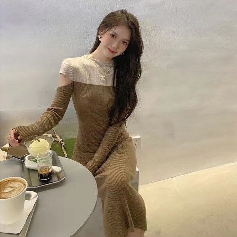 Áo Sweater Dệt Kim Tay Dài Màu Sắc Tương Phản Thiết Kế Thanh Lịch
