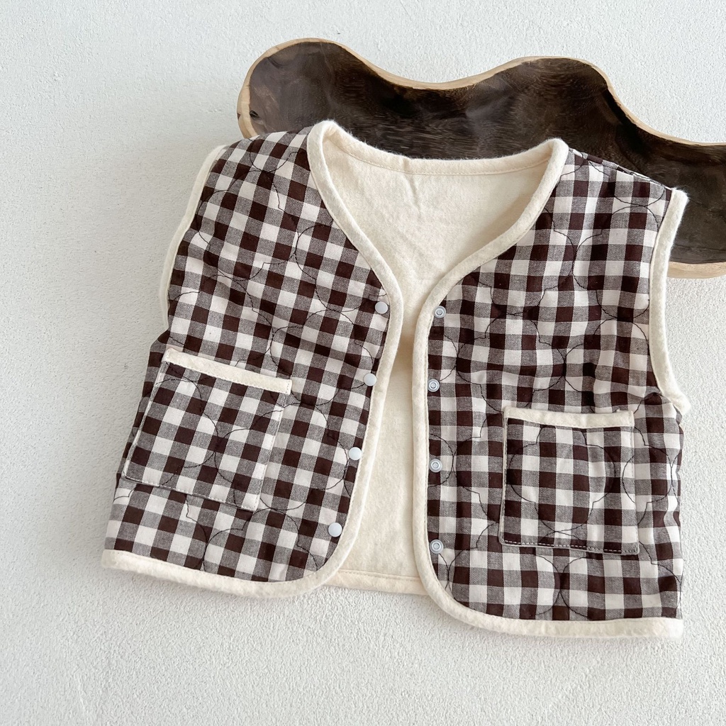 Áo Khoác Cotton Không Tay In Họa Tiết Caro Dễ Thương Phong Cách Hàn Quốc Cho Bé