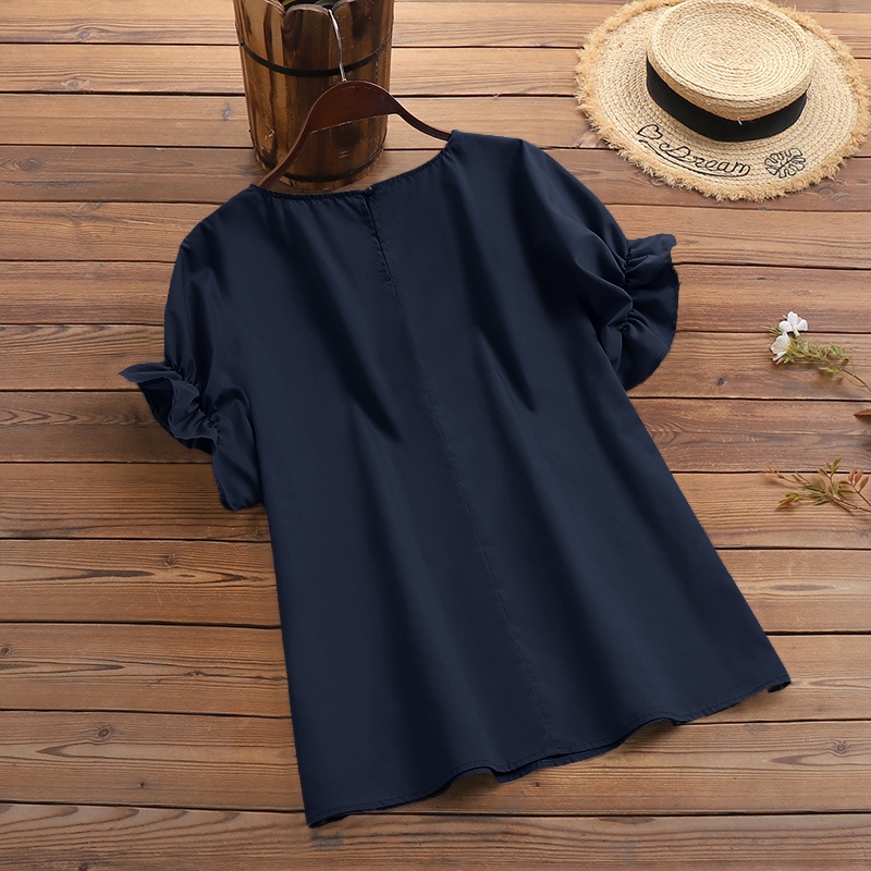 Áo kiểu ZANZEA tay ngắn cổ chữ V phối nút phong cách vintage cho nữ