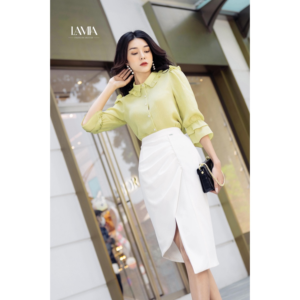Áo sơ mi nữ mùa hè Lamia Design LUXA006 lụa màu vàng