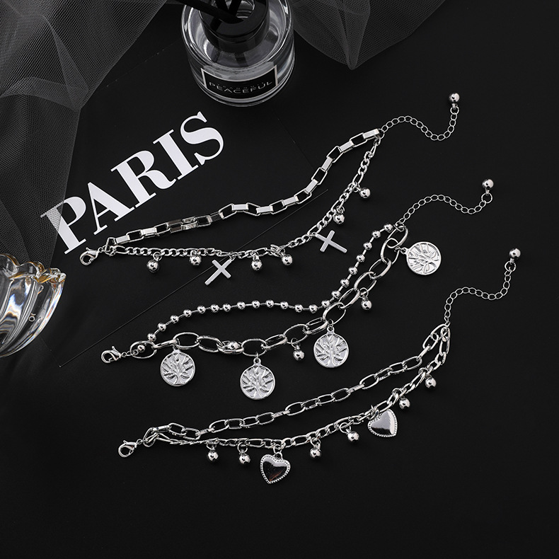 Vòng tay nhiều lớp mặt thánh giá và chuông đơn giản phong cách hip hop thời trang cho nam và nữ