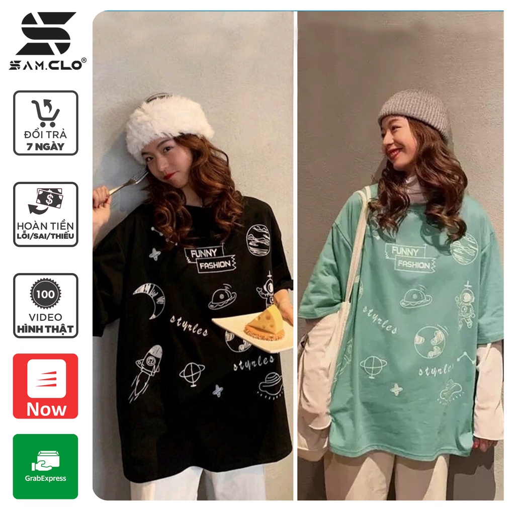 Áo thun tay lỡ nữ SAM CLO freesize phông form rộng dáng Unisex, mặc lớp, nhóm, cặp, in chữ FUNNY FASHION