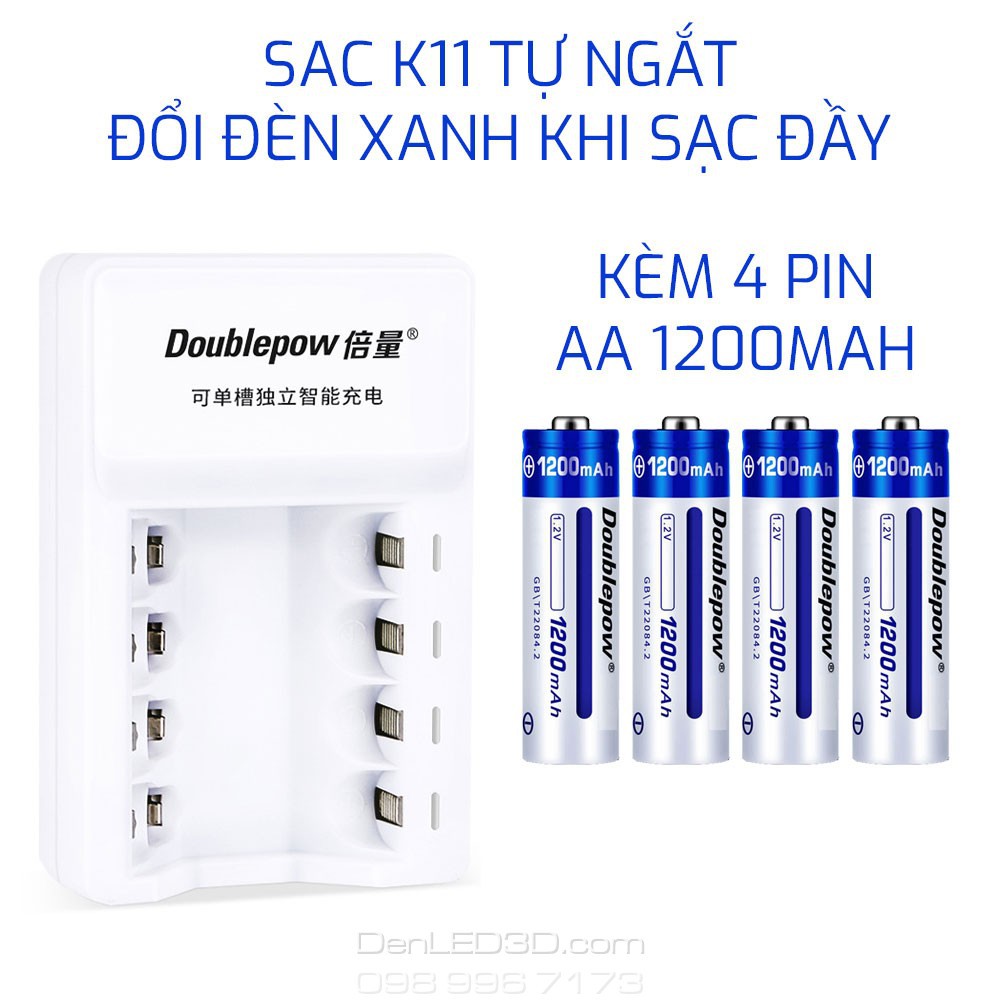 [Chính Hãng] Combo Sạc Tự Ngắt K11 Kèm 4 Pin Doublepow 3000Mah - Sạc Nhanh Có Đổi Màu Đèn BH 1 đổi 1