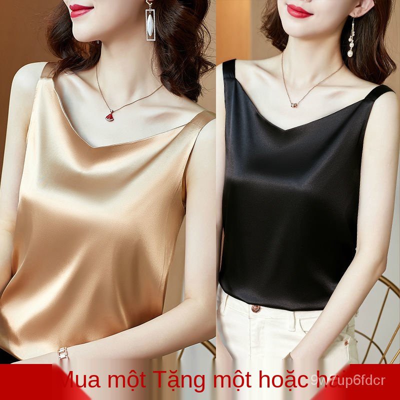 Một Mảnh/Hai Mảnh Mùa Hè Mới Treo Áo Vest Nữ Bên Trong Phù Hợp Với Trắng Áo Sơ Mi Màu Đen Satin Top