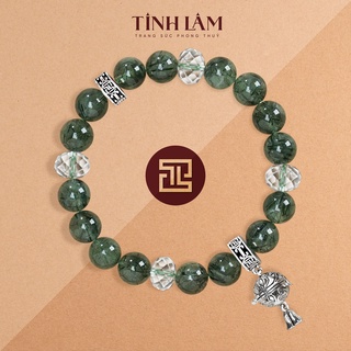 Tinh lâm vòng tay phong thủy đá thạch anh tóc xanh 8 li - charm hoa sen phối đá thạch anh