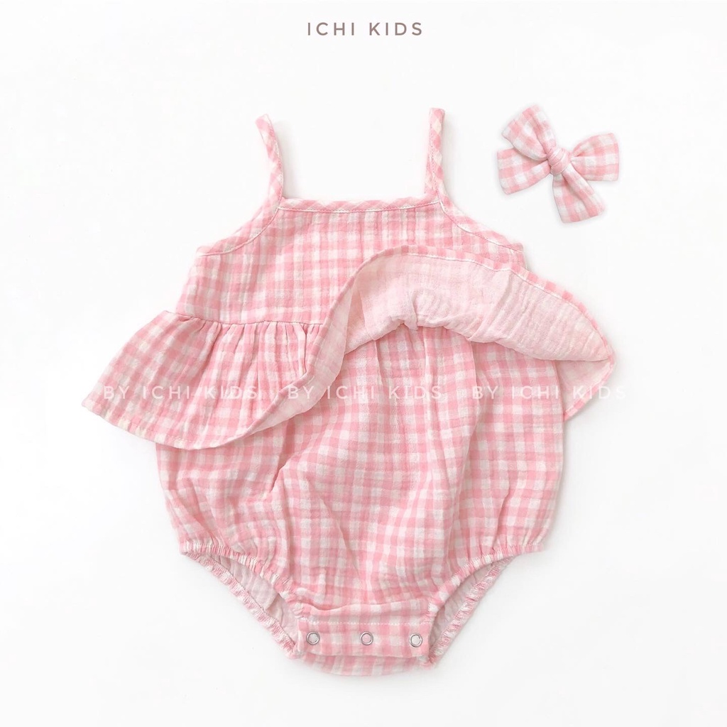 Romper họa tiết caro cho bé gái, vải xô muslin