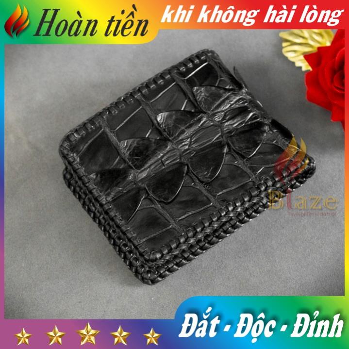 Ví Da Cá Sấu 2 Mặt Đan Viền Vân Đuôi - Bóp Da Cá Sấu Đan Viền Cao Cấp BLAZE | Ngang | Đen Đẹp