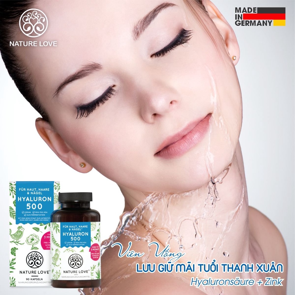 HYALURON 500 NATURE LOVE Cấp ẩm tối ưu nhất thị trường - Chống lão hóa, hỗ trợ bôi trơn khớp - 90 viên