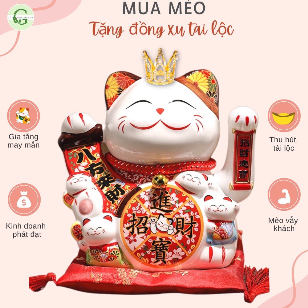 Mèo Thần Tài Vẫy Tay Mèo Đế Vương Chiêu Tài Lộc Gốm Sứ Cao Cấp 20cm