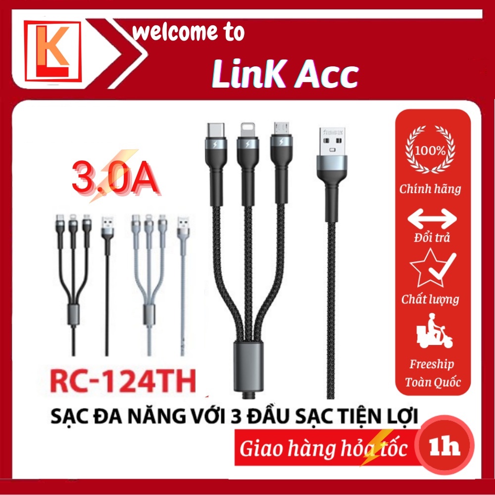 Dây sạc 3 đầu đa năng Re.max Rc 124th 3 in 1 dây dù sạc cho Samsung, Oppo, Xiaomi- Bảo hành 12 tháng