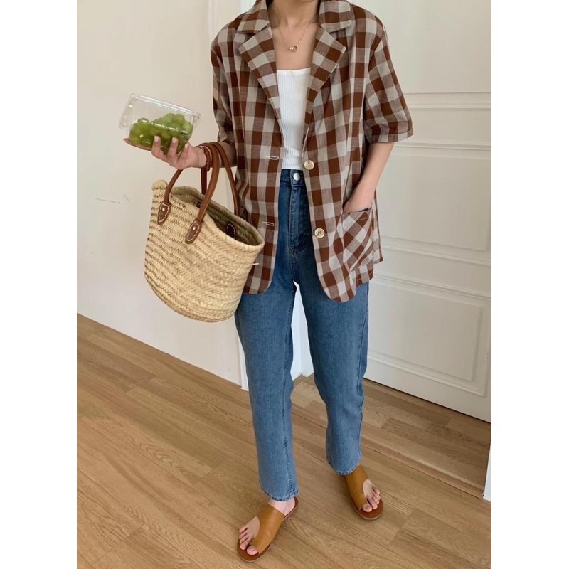 Blazer kẻ ô xẻ sau (ib chọn màu )