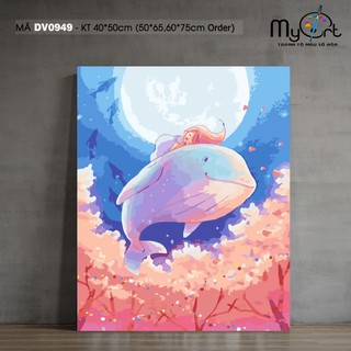 Tranh tự tô màu theo số sơn dầu số hóa Myart - Tranh trừu tượng cá voi xanh và cô bé nằm ngủ DV0949