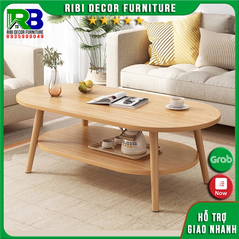 Bàn sofa, bàn trà sofa hình Ovan 2 tầng cạnh cong tròn chân gỗ tự nhiên chắc chắn hiện đại BSF212