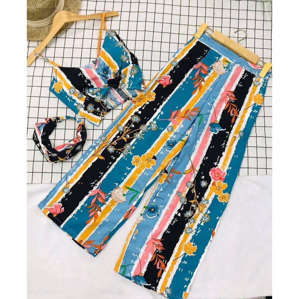 Set bộ đồ đi biển bikini quần ống rộng áo bra sang chảnh che nắng | BigBuy360 - bigbuy360.vn