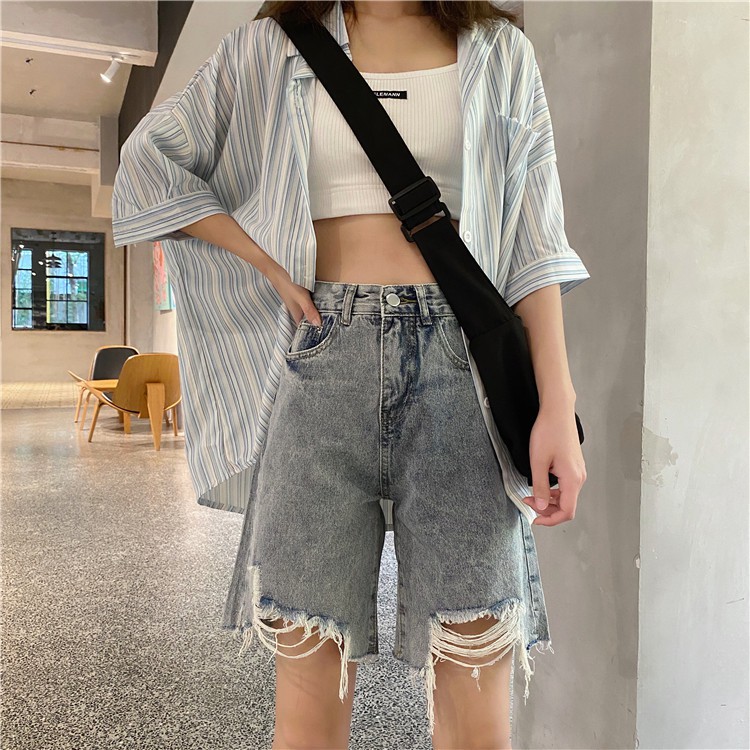 Quần Jeans lửng lưng cao rách tua thời trang