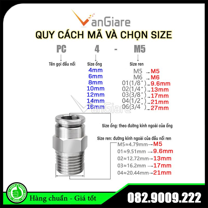 Nối nhanh khí nén ren ngoài PC inox cho ống hơi PU PA PE PVC phi 4mm 6mm 8mm 10mm 12mm 14mm 16mm