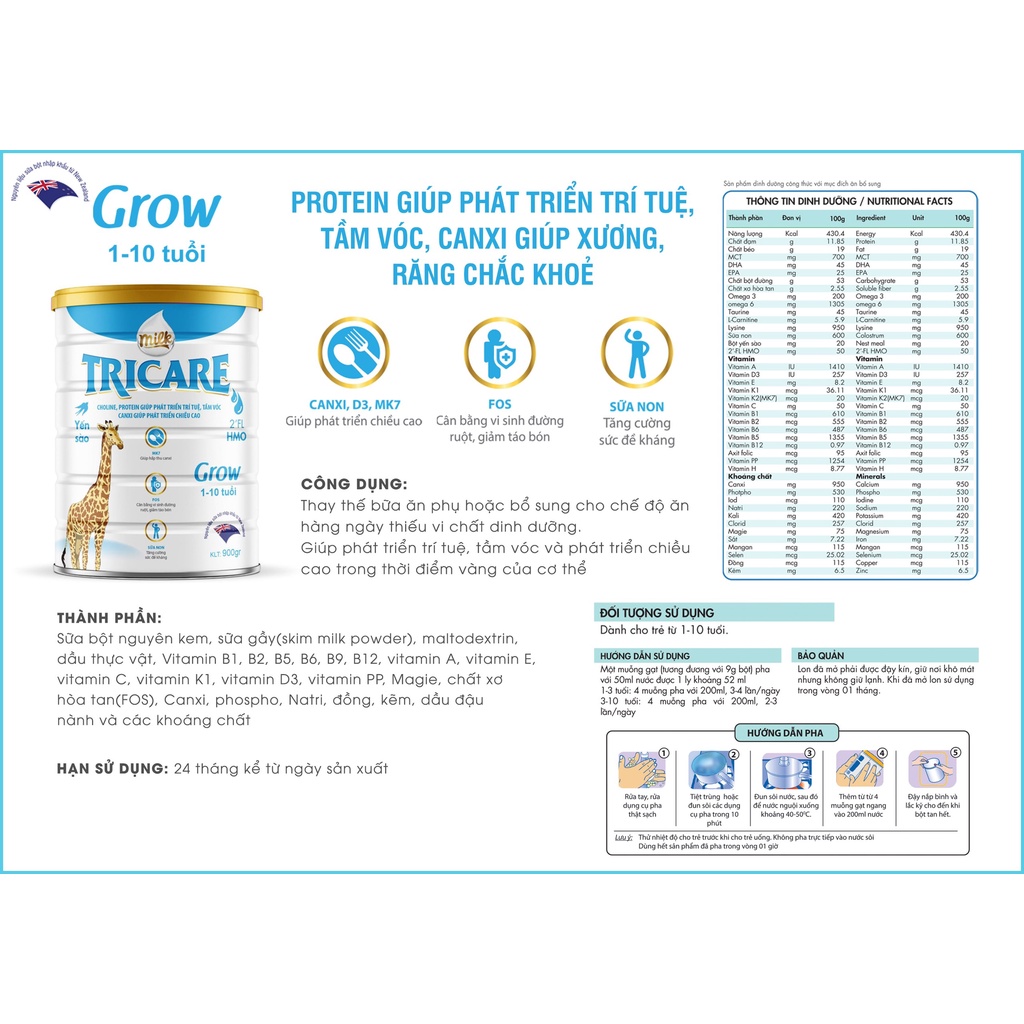 Sữa Grow Tricare hộp 900g dành cho bé từ 1-10 tuổi giúp phát triển trí tuệ và tầm vóc