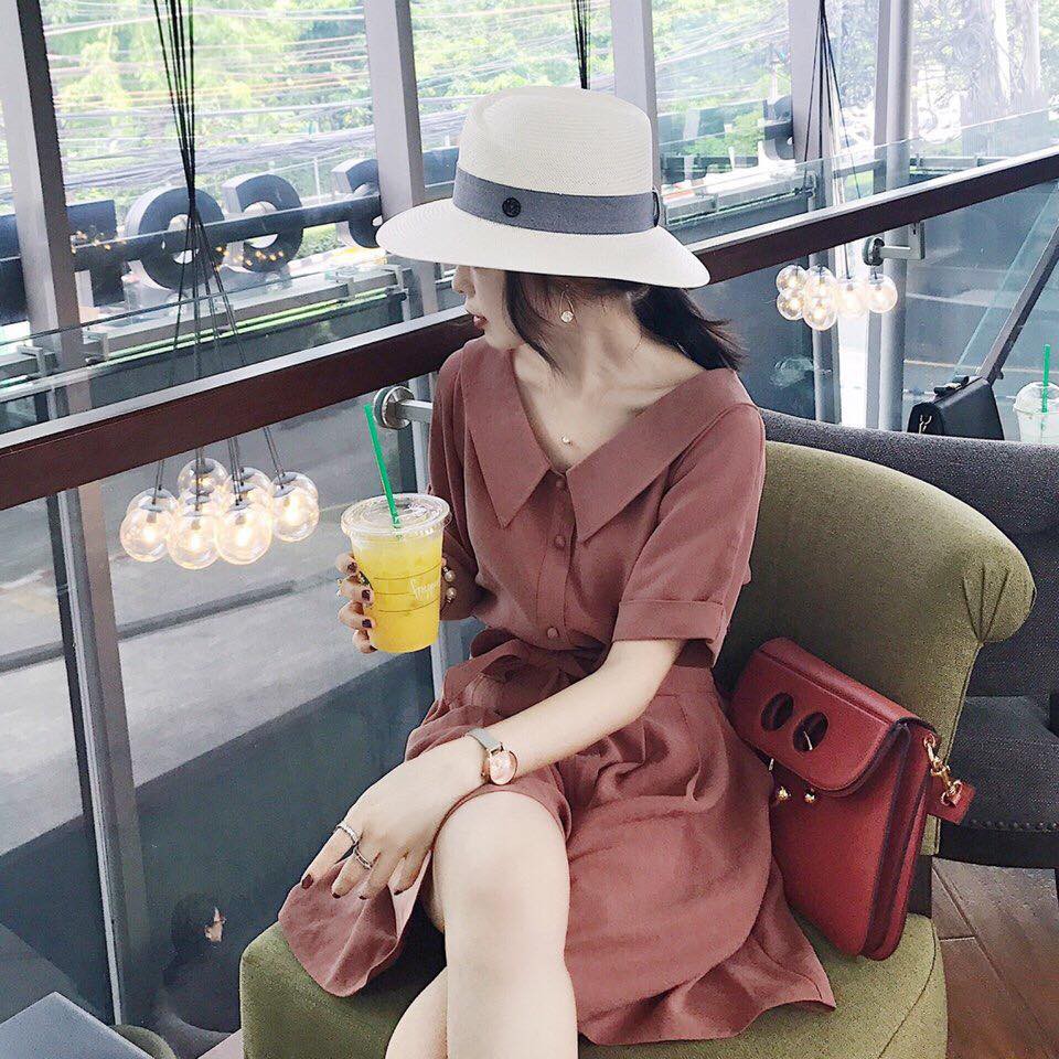 Đầm cổ sen chất kaki thanh lịch