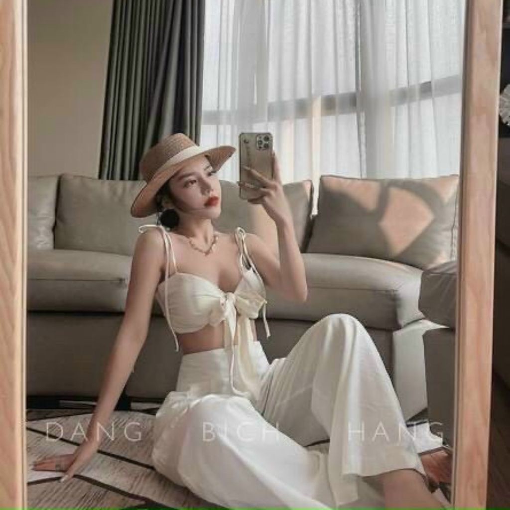 Sét Áo 2s Cúp Ngực Thắt Nơ Trước GenY Kèm Quần Suông Ống Rộng Cạp Cao Siêu Sang Xinh Xịn Mịn | BigBuy360 - bigbuy360.vn