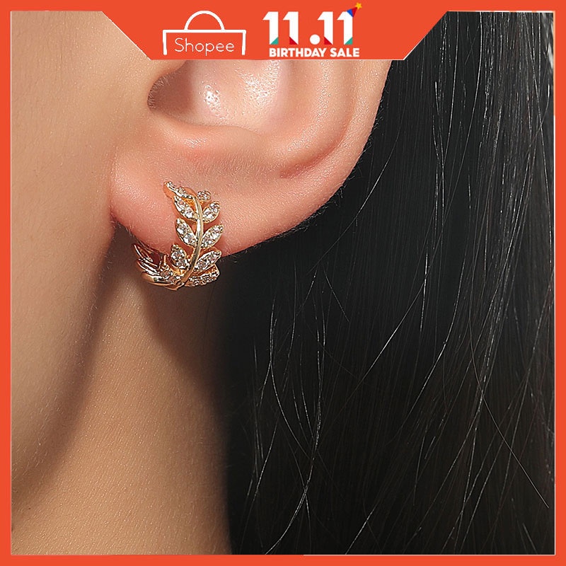 Bông tai hình chiếc lá đính đá Zircon thời trang
