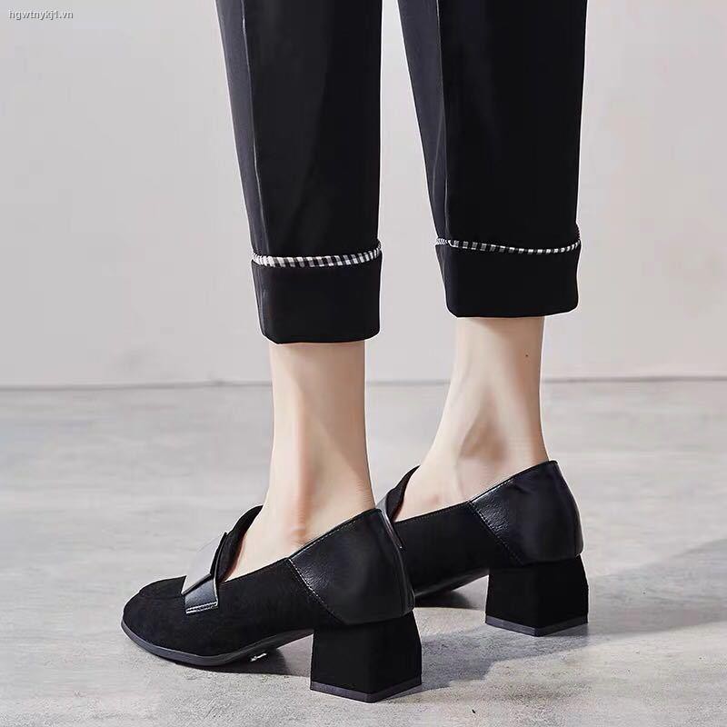 ☫○Ladies spring/summer 2021 new black high heels women retro square-toe loafers net red wild thick-heeled shoes