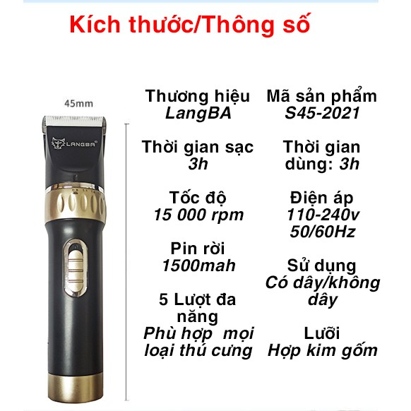 Tông Đơ Cạo Cắt Lông Chó Mèo Langbia Pin Rời S45 Sử Dụng 3h Tặng Kèm 1 Găng Tay Masa Và 4 Lượt Nhựa