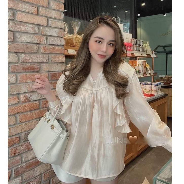 Áo Sơ Mi Tơ Lụa Bóng Siêu Đẹp phối bèo cánh tiên Hàng Quảng Châu