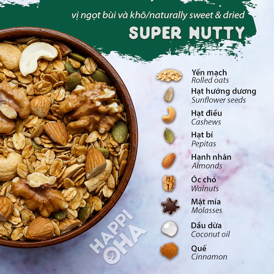 Granola siêu Hạt &amp; Quả Happi Oha, Ngũ cốc giảm cân không đường