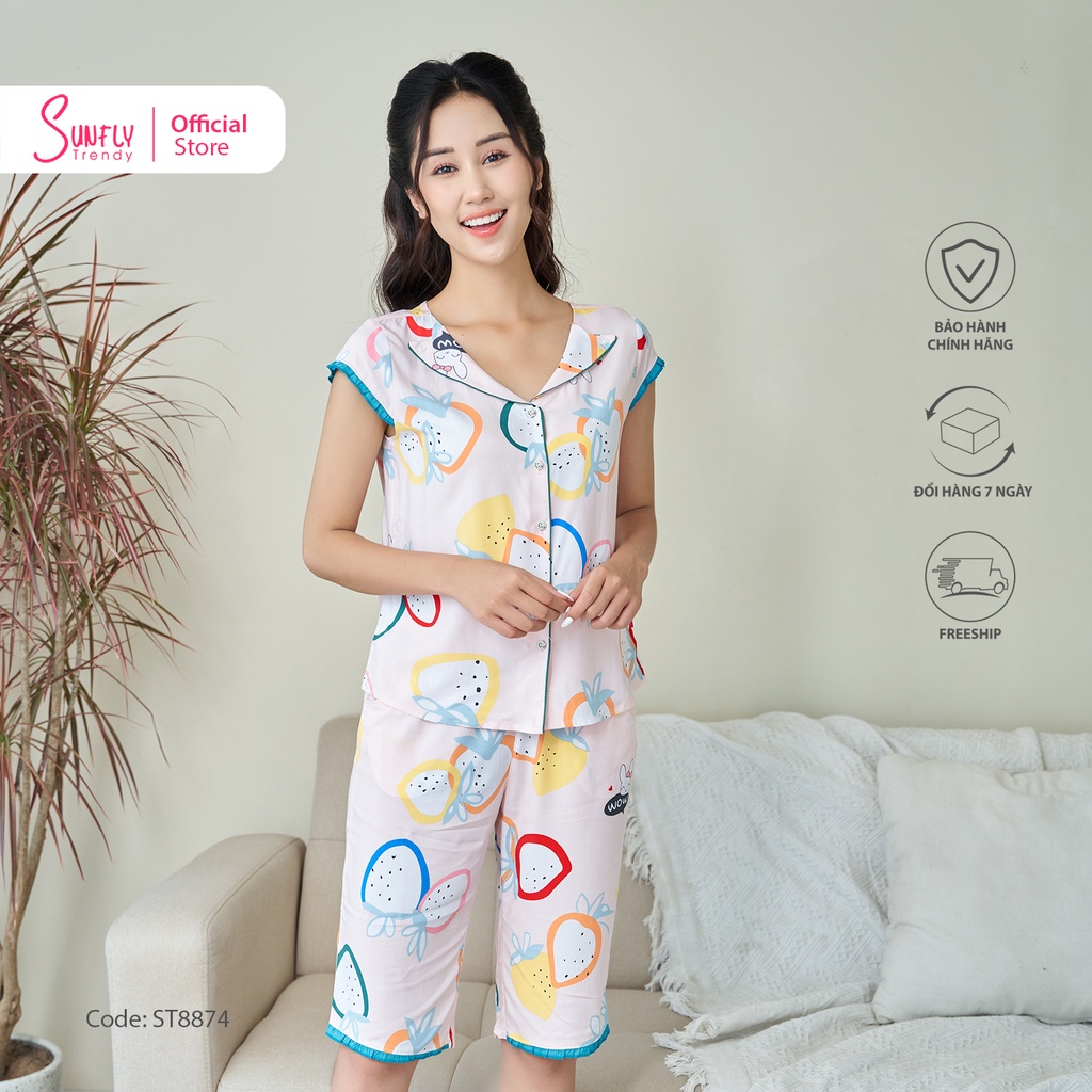 Bộ Đồ Mặc Nhà Nữ Pyjamas Lanh SUNFLY Áo Tay Hến Quần Trên Gối ST8874