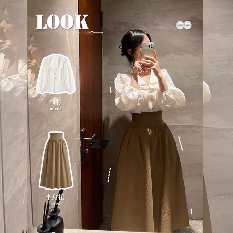 Set Áo Cổ Ngọc Kèm Chân Váy Corset Phong Cách Pháp