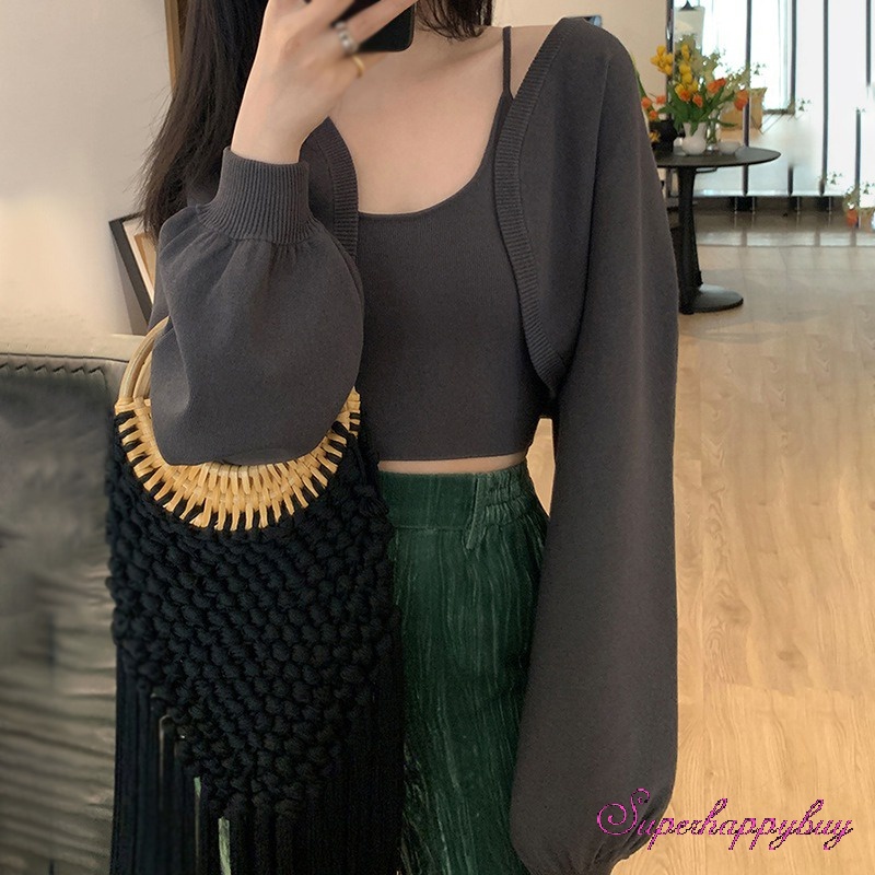 Áo Cardigan Dệt Kim Tay Dài Dáng Ngắn Thời Trang Cho Nữ