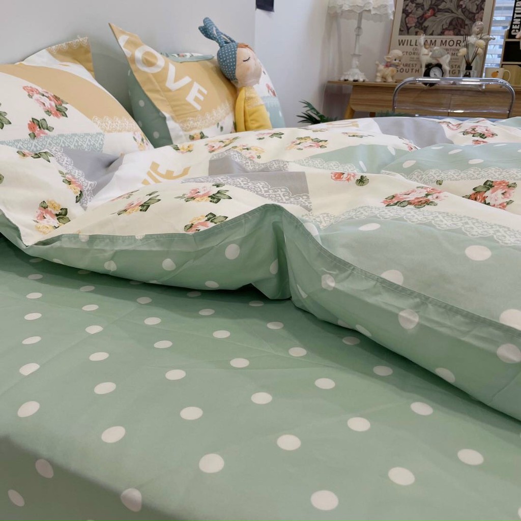 Bộ chăn ga gối Cotton Poly M2T bedding cánh hoa xanh, vỏ chăn mền, drap giường và 2 vỏ gối