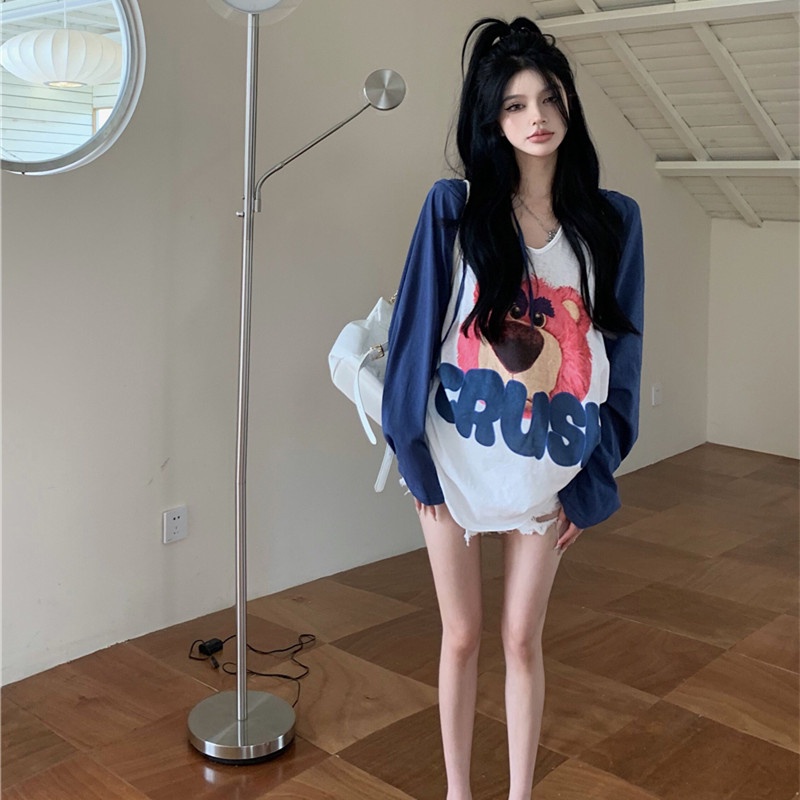 Áo Thun Hoodie Tay Dài Dáng Rộng In Hoạt Hình Dễ Thương