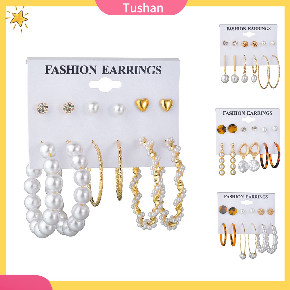 TUSH 6Pairs Women Faux Pearl Tassel Geometric Dangle Ear Studs Hoop Earrings Jewelry
