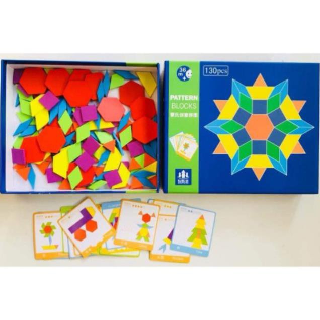 [MẪU MỚI hàng Việt Nam] Ghép hình Pattern Blocks 130 miếng ghép + 24 thẻ - mẫu mới hộp trắng