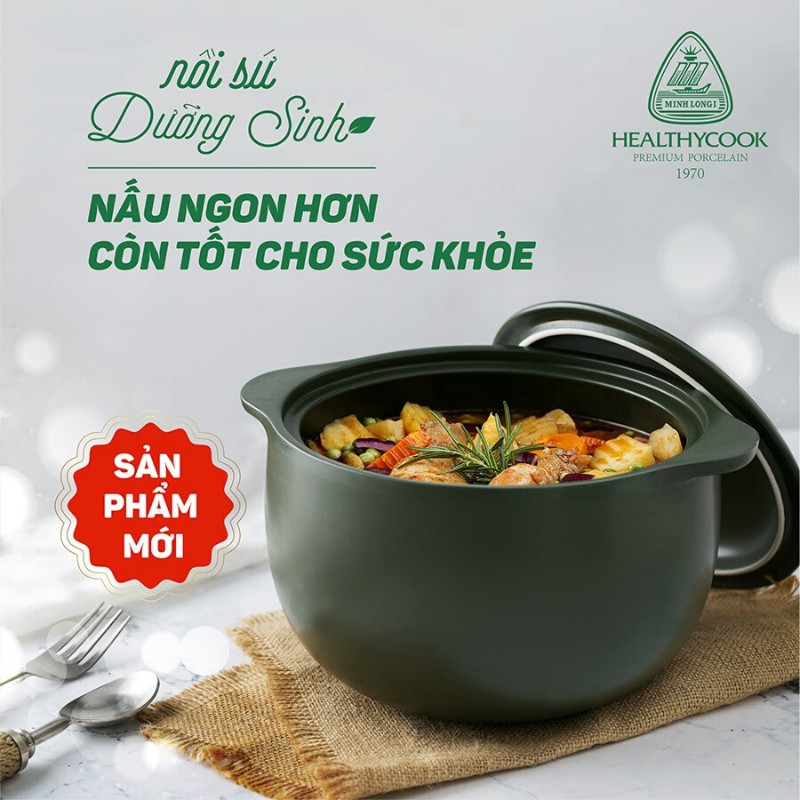 [ Tặng đế lót gỗ + Chén cơm]Nồi dưỡng sinh Minh Long 0.65 L hai quai (nồi + nắp) - Healthycook